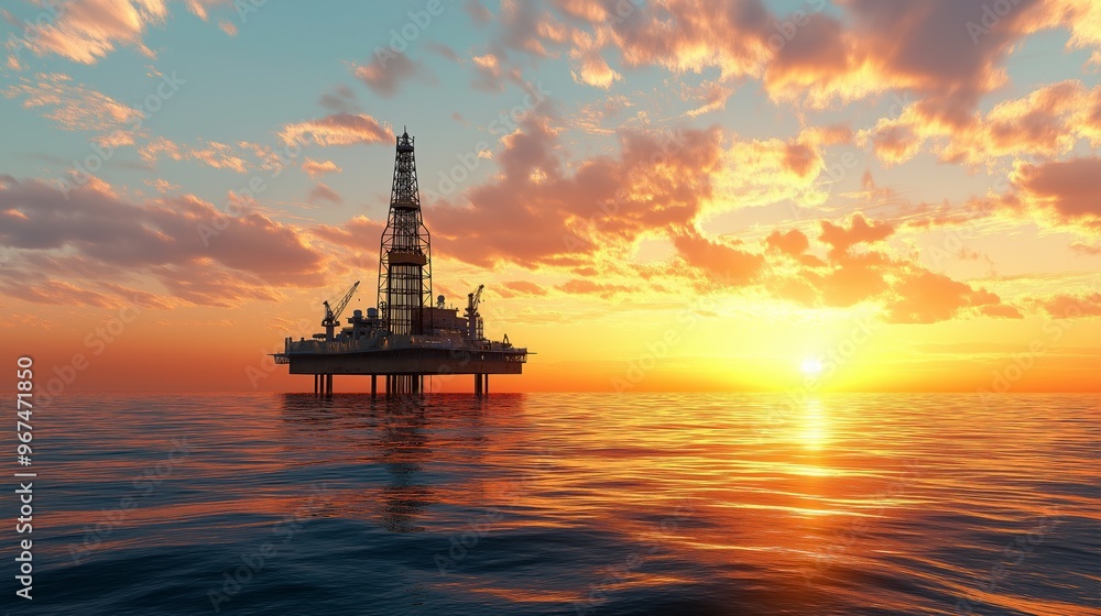 Fototapeta premium Offshore oil rig silhouetted against a vibrant sunset, industrial energy production, ocean platform, fossil fuel extraction, dramatic sky