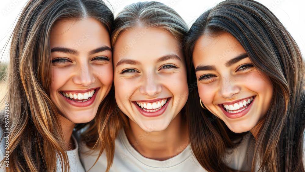 Three young women smiling together Three young women smiling together