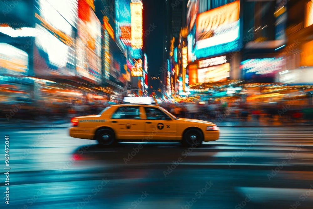 A yellow taxi drives through a vibrant city. Light blurs create a sense of speed. The lively atmosphere of urban nightlife shines bright. Generative AI A yellow taxi drives through a vibrant city. Light blurs create a sense of speed. The lively atmosphere of urban nightlife shines bright. Generative AI