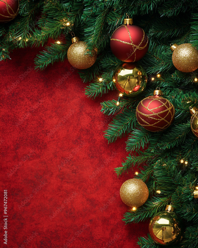 Christmas background, classic red and green with golden ornaments and fir tree branches, twinkling lights and festive decorations, joyful holiday mood. Christmas background, classic red and green with golden ornaments and fir tree branches, twinkling lights and festive decorations, joyful holiday mood.