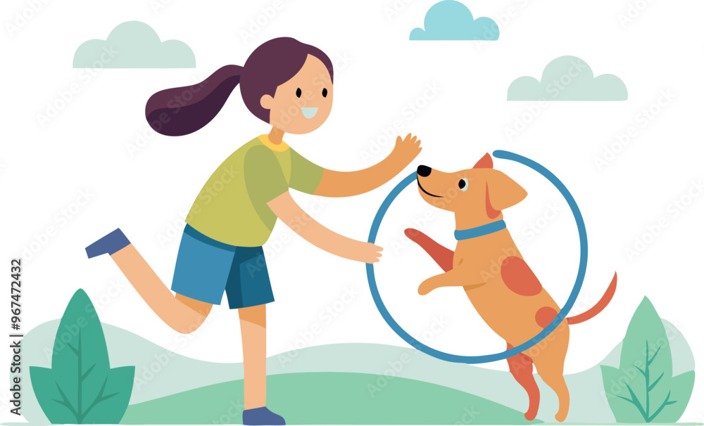 A girl is playing with a dog in a park. The dog is jumping in a hula hoop A girl is playing with a dog in a park. The dog is jumping in a hula hoop