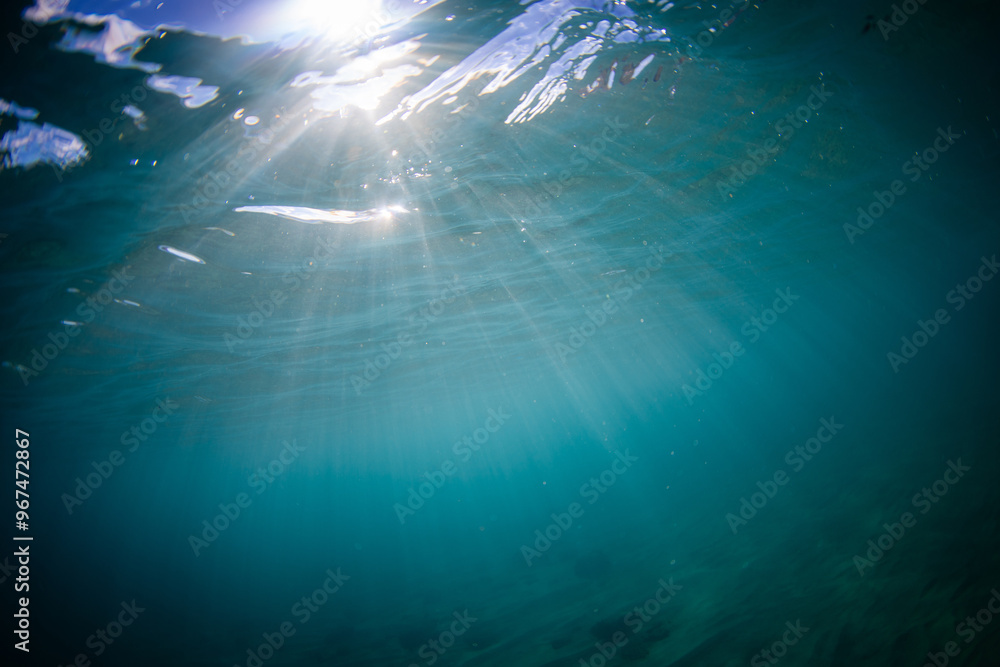 Obraz premium Beautiful sun rays on the blue ocean underwater.