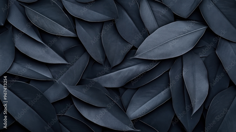 Abstract nature composition with a dense arrangement of dark blue leaves. The image creates a textured and layered effect, emphasizing the natural shapes and forms of the leaves. Abstract nature composition with a dense arrangement of dark blue leaves. The image creates a textured and layered effect, emphasizing the natural shapes and forms of the leaves.