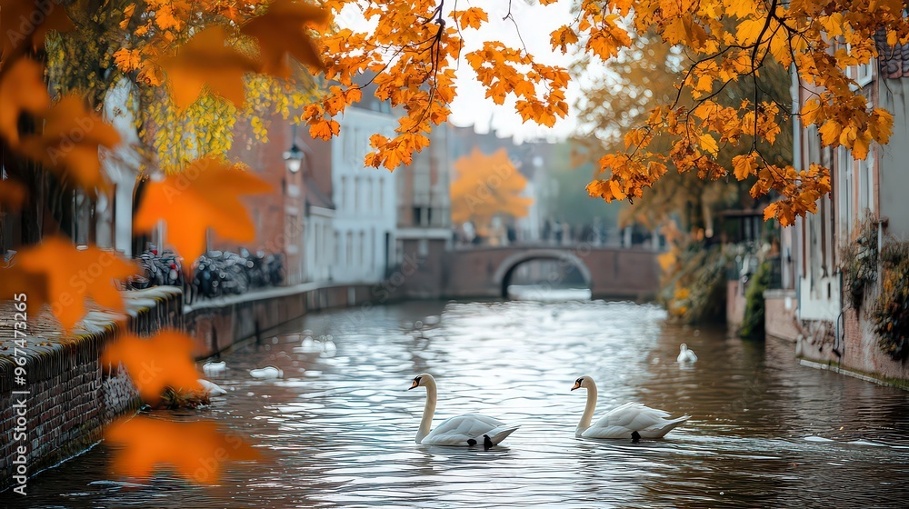 Fototapeta premium Tranquil Bruges canals framed by vibrant autumn foliage, swans gliding on the water, and medieval architecture in the background, creating a picturesque autumn scene.