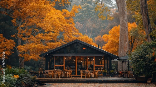 Cozy café nestled in the Dandenong Ranges, featuring outdoor seating surrounded by towering trees shedding vibrant orange and yellow leaves, creating a picturesque autumn scene.

 photo