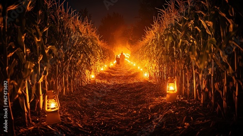  Glowing lanterns lighting a cornfield maze at night, setting a spooky and festive mood for Halloween or fall celebration events. photo