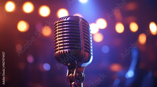 A classic dynamic microphone on a stage, ready for a performance, with stage lights in the background.