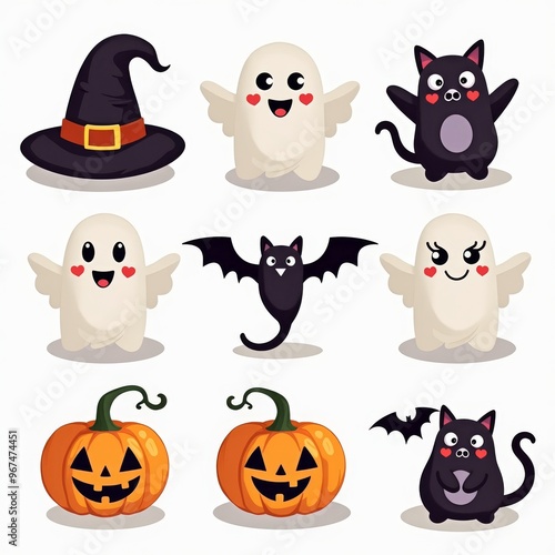 Cute Halloween Illustrations of Ghosts, Cats, Pumpkins, and Witch Hat for Halloween Decorations and Invitations