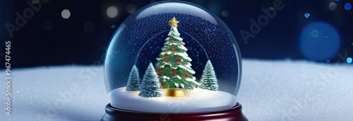 Beautifully decorated Christmas tree encased in a snow globe, set against a blurred festive background. The snow globe sits on a snow-covered surface, creating a magical winter wonderland scene.