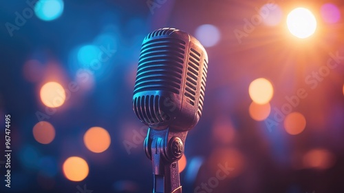 A classic dynamic microphone on a stage, ready for a performance, with stage lights in the background.