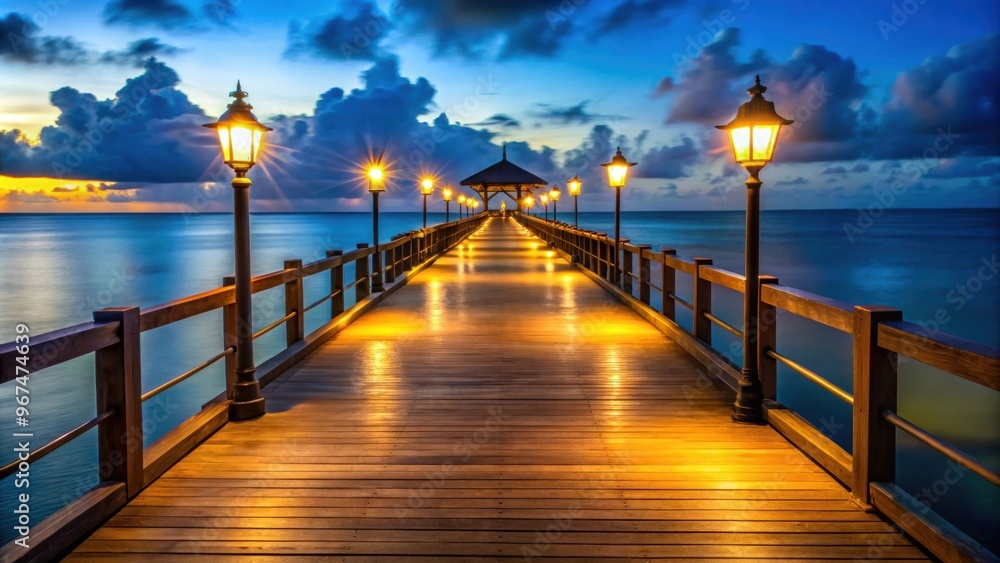 Fototapeta premium A tropical beach pier at night with lantern lights illuminating the way , Tropical, beach, pier, summer