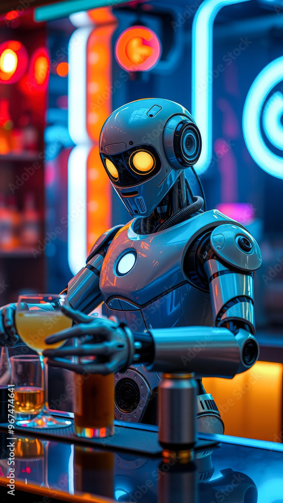 Robot Bartender Serving Drinks in a Neon Lit Bar Robot Bartender Serving Drinks in a Neon Lit Bar