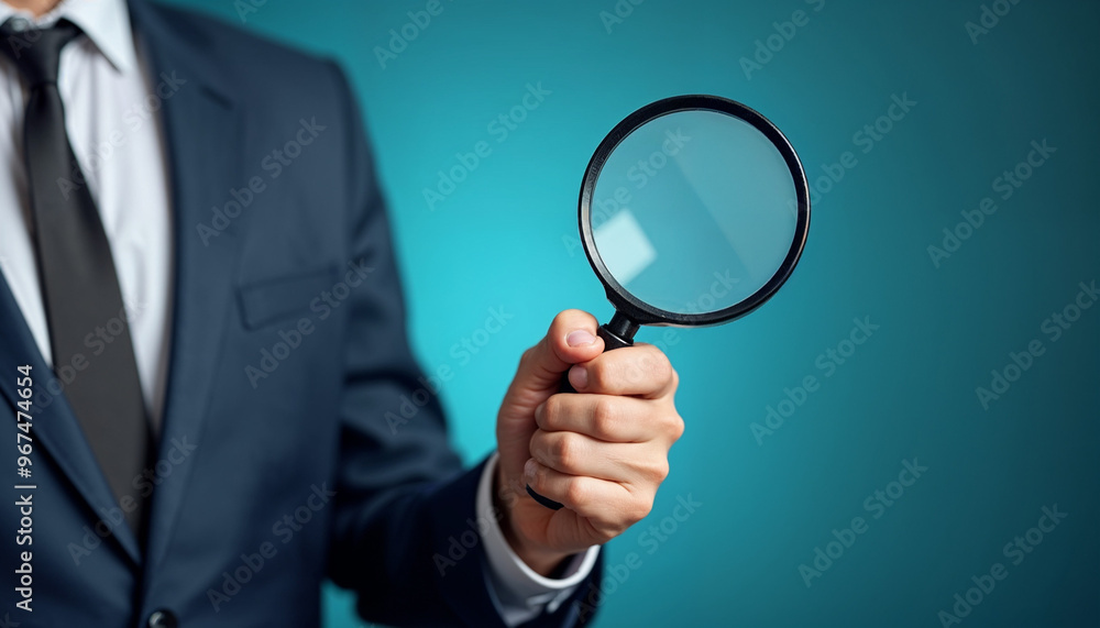 Business Auditor Using Magnifying Glass, Close-up portrait of young serious woman looking through a magnifying glass Business Auditor Using Magnifying Glass, Close-up portrait of young serious woman looking through a magnifying glass