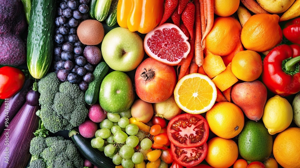 Collage of Fruits and Vegetables in Rainbow Array: Balanced Nutrition and Healthy Diet Collage of Fruits and Vegetables in Rainbow Array: Balanced Nutrition and Healthy Diet