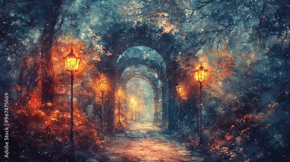 Fototapeta premium Gothic archway, flickering lanterns, winding path, Watercolor style