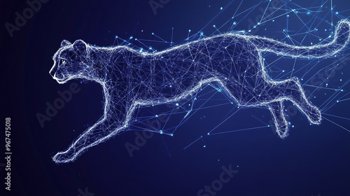 An abstract depiction of a cheetah running formed from lines and triangles, with a point connecting network on a blue background.
