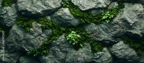 Green moss and plants growing on textured grey rock.