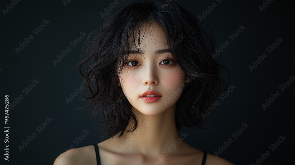 A portrait of a Korean woman with soft features and wavy hair captured against a dark background during an indoor photoshoot A portrait of a Korean woman with soft features and wavy hair captured against a dark background during an indoor photoshoot