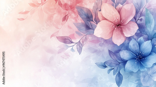 Minimalistic Floral Background with Pink and Blue Flowers in Light Pastel Hues