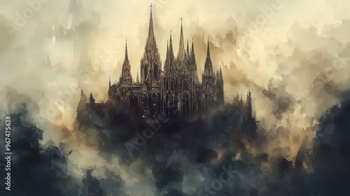 Gothic cathedral, towering spires, stormy sky, Watercolor style