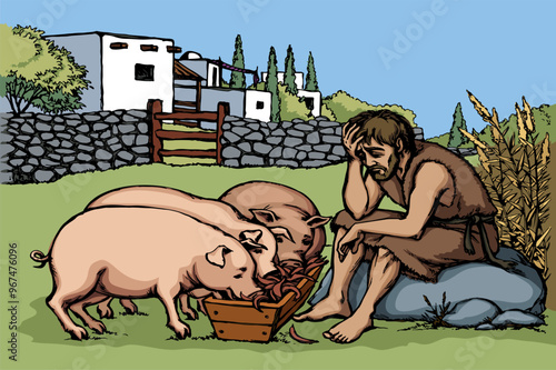 Vector drawing. A sad man and pigs