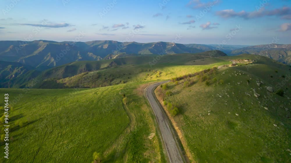 Beautiful aerial view of the mountain plateau. Landscape and nature of the North Caucasus. Traveling around Russia