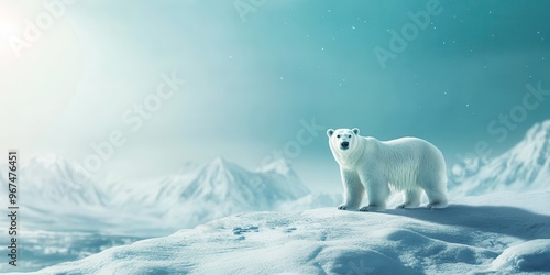 A majestic polar bear stands in a serene snowy landscape, radiating the beauty of the Arctic wilderness under a clear sky.