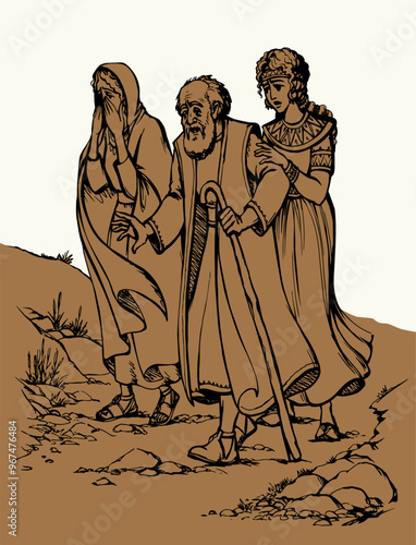 Vector drawing. Lot flee from Sodom