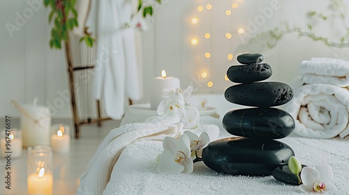 black hot stones for massage, with serene spa elements like candles and towels photo