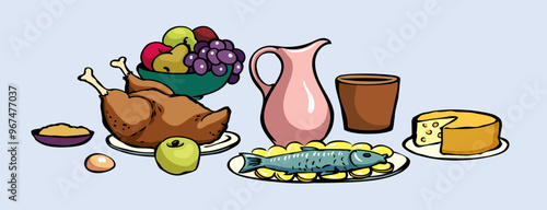 Vector drawing. Tasty feast food