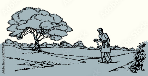 Vector drawing. Poor man going by the road