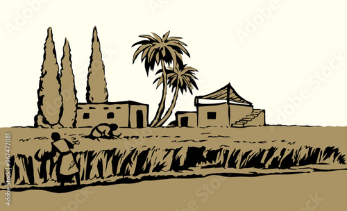 Vector drawing. Reapers in the field