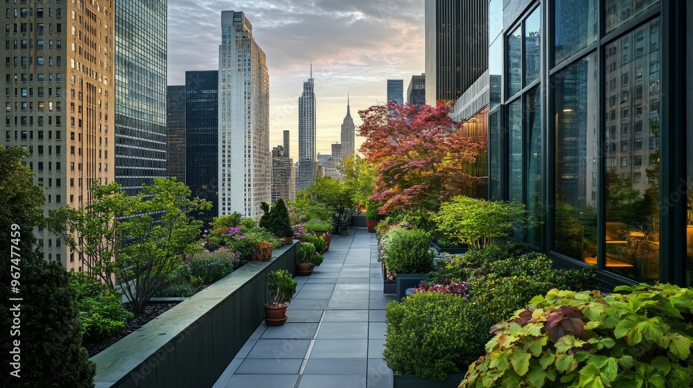 Rooftop garden overlooking a city skyline at sunset with lush greenery and vibrant flowers Rooftop garden overlooking a city skyline at sunset with lush greenery and vibrant flowers