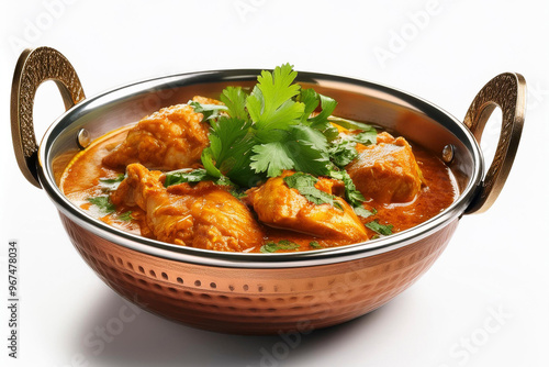 Chicken curry with fresh coriander in a balti bowl, cut out on white background. photo