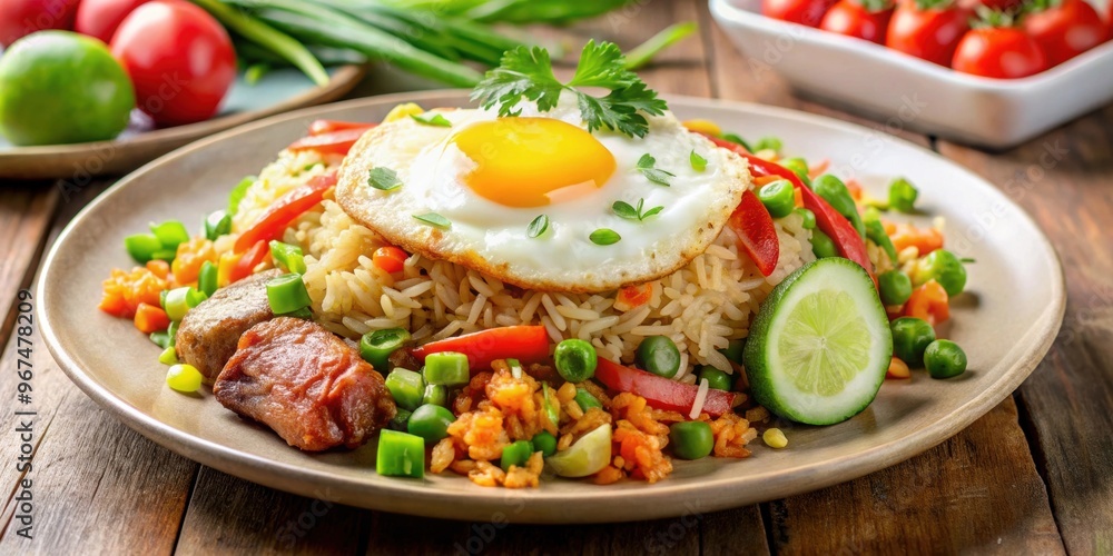 Delicious Thai fried rice served with colorful vegetables, tender chicken, and crispy fried eggs on top, Thai cuisine Delicious Thai fried rice served with colorful vegetables, tender chicken, and crispy fried eggs on top, Thai cuisine