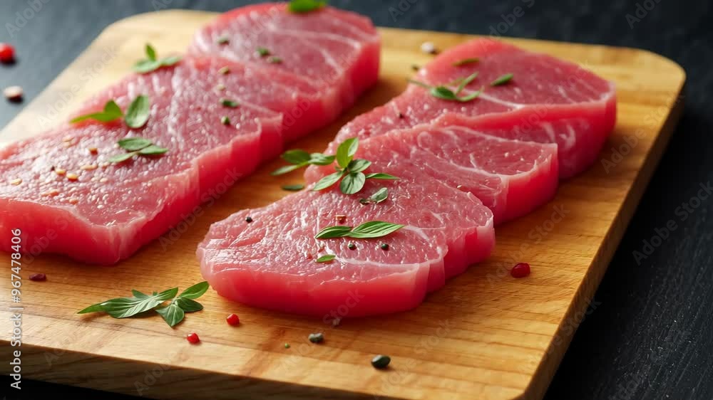 Fresh uncooked pork cuts with spices and herbs on a wooden board in a kitchen setting Fresh uncooked pork cuts with spices and herbs on a wooden board in a kitchen setting