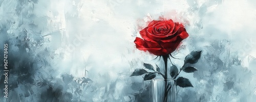 Blood-red rose, dark petals, withering in a glass vase, Watercolor style