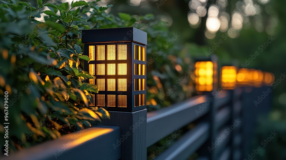 Obraz premium Decorative outdoor lanterns glowing on fence, providing warm light and enhancing the beauty of the garden during the twilight hours.