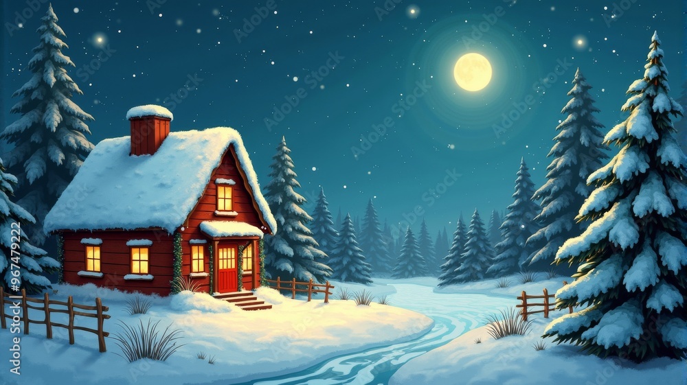 Fototapeta premium Cozy Winter Night in a Snowy Forest with Full Moon and Cabin Illustration