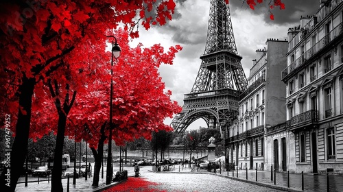 Fototapeta Naklejka Na Ścianę i Meble -  Street-level view of Paris showcases the Eiffel Tower in black and white with a splash of red, adding to its allure.