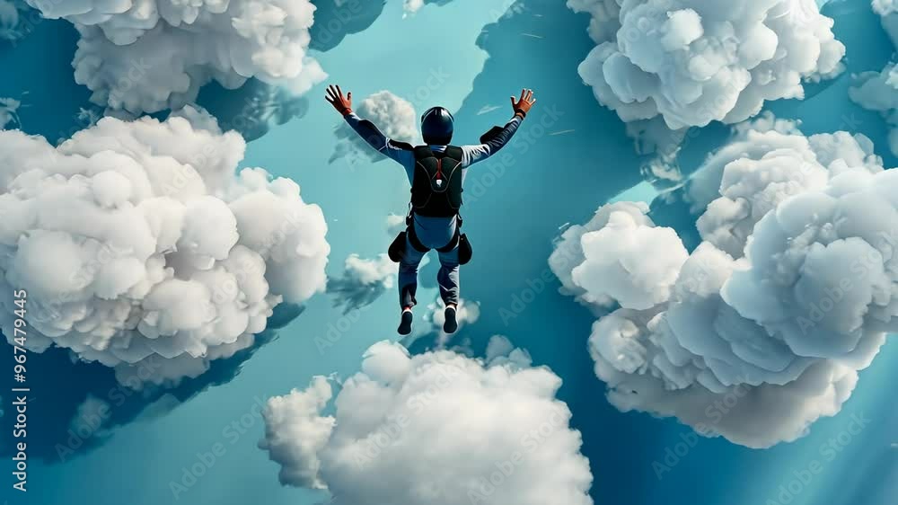 Person skydiving among fluffy clouds in a bright blue sky Person skydiving among fluffy clouds in a bright blue sky
