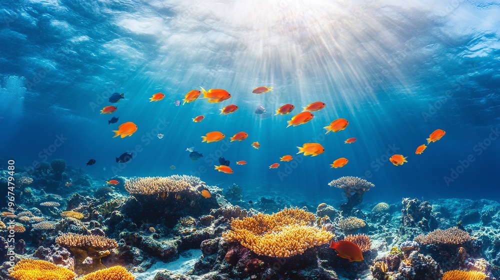 Fototapeta premium Underwater coral reef landscape wide panorama background in the deep blue ocean with colorful fish and marine life