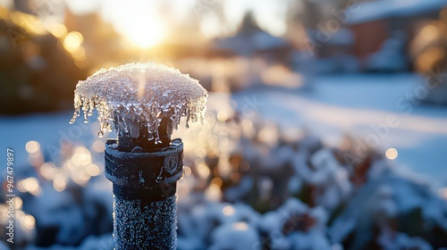  Frozen sprinkler covered in ice, illuminated by the golden sunrise, creating a striking winter contrast between frost and warmth.