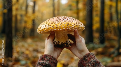 Large inedible mushroom in hands against autumn forest background