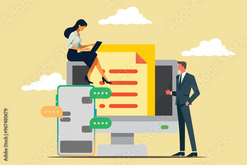 illustration of a business leader standing next to a computer and smart phone, observing employees checking financial reports