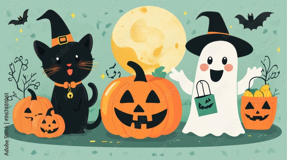A playful ghost happily holds a candy bucket beside a black cat and carved pumpkins, all set against a vibrant Halloween backdrop A playful ghost happily holds a candy bucket beside a black cat and carved pumpkins, all set against a vibrant Halloween backdrop