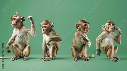 Four monkeys sitting in a row in different poses. photo