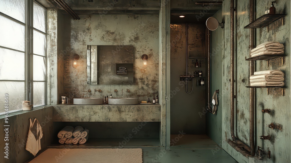 Photo inspiration: Picture Idea: Industrial Style Bathroom Featuring Exposed Pipes Concrete Walls And