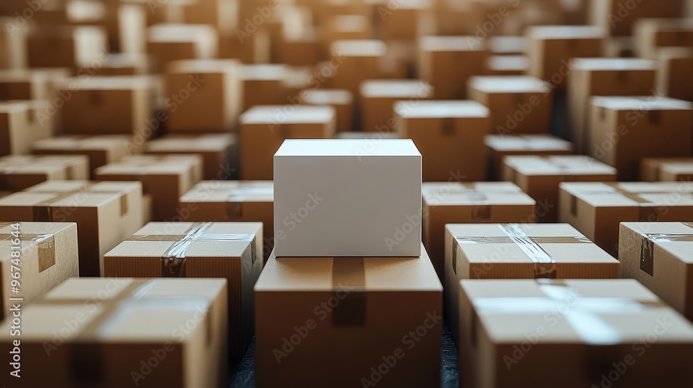 Obraz premium minimalist composition with a single white box surrounded by numerous cardboard boxes clean lines and stark contrast create a visually striking arrangement