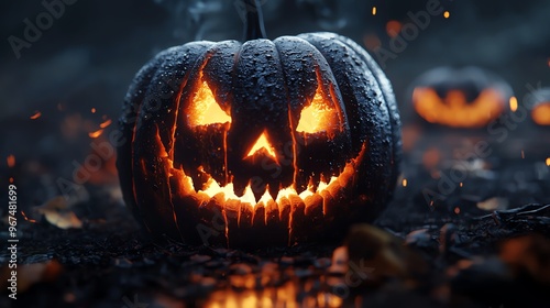 Ultraclose shot of a spooky carved pumpkin, realistic 3D CG rendering, lifelike glowing insides, eerie expression, shadows and light interplay to create a haunting masterpiece photo